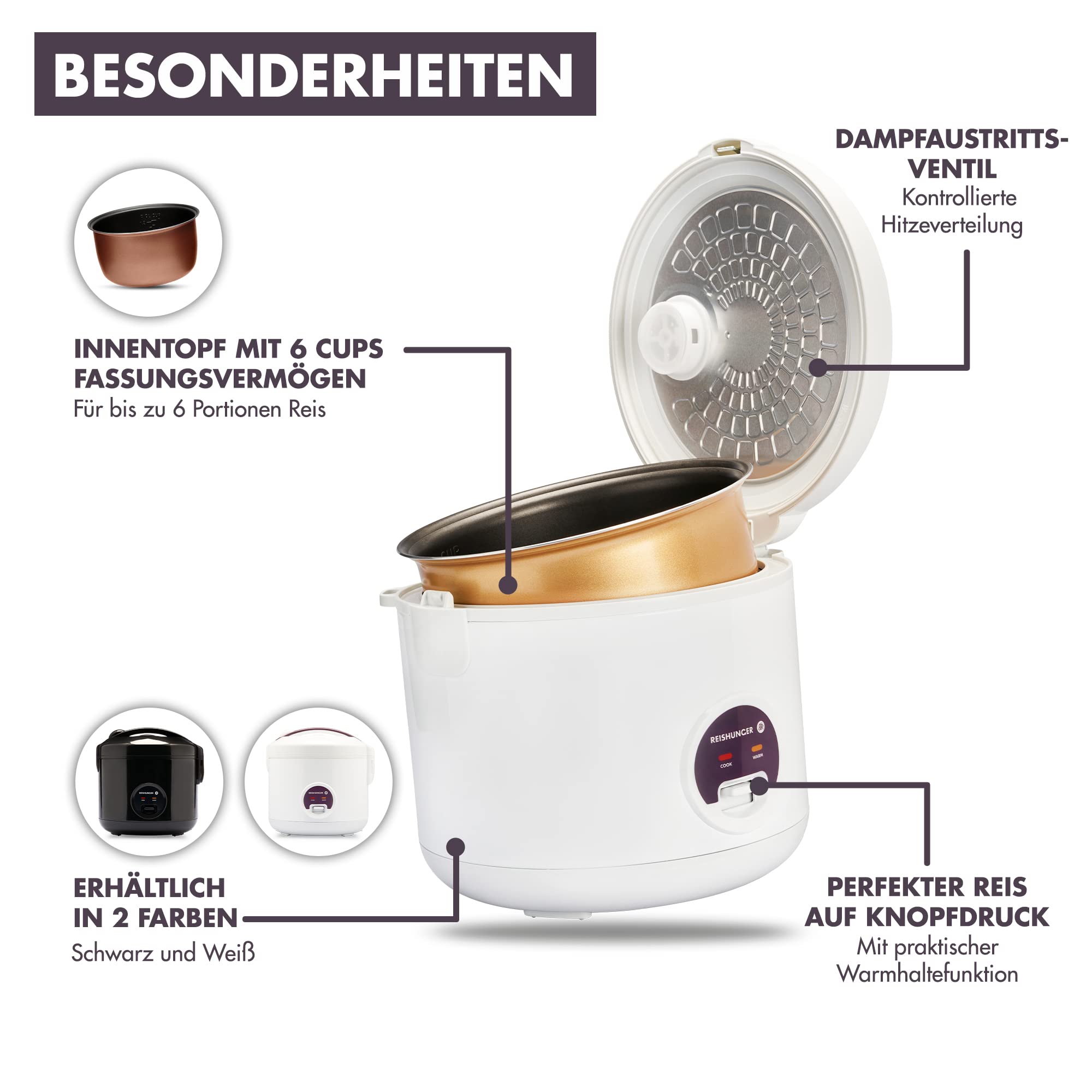 reishunger-reiskocher-dampfgarer-1-2-l-wei-f-r-1-6-personen-mit-warmhaltefunktio image 2